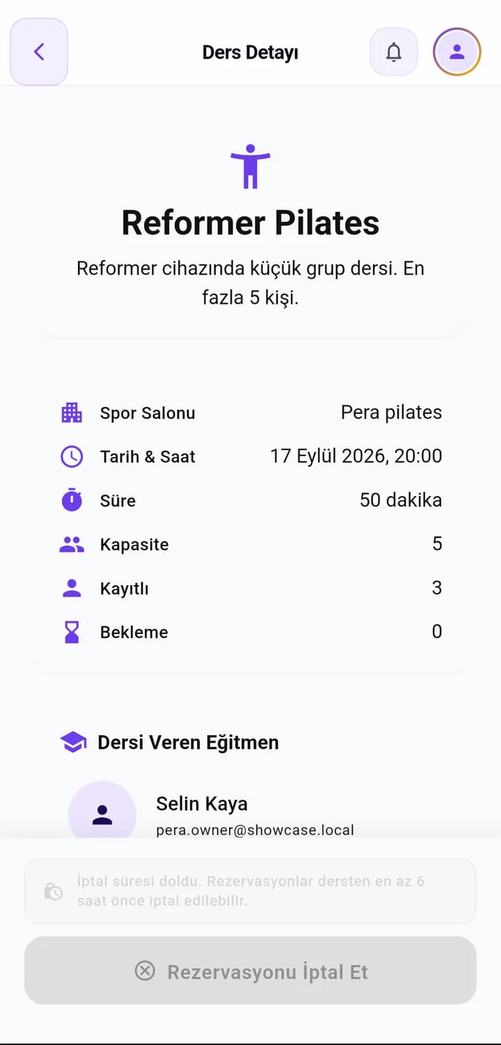 Gymora ders detayı: Reformer Pilates, kapasite 5, kayıtlı 3, bekleme 0 ve iptal süresi uyarısı