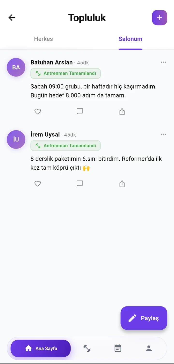 Gymora topluluk ekranı: salonun üyelerinin paylaşımları