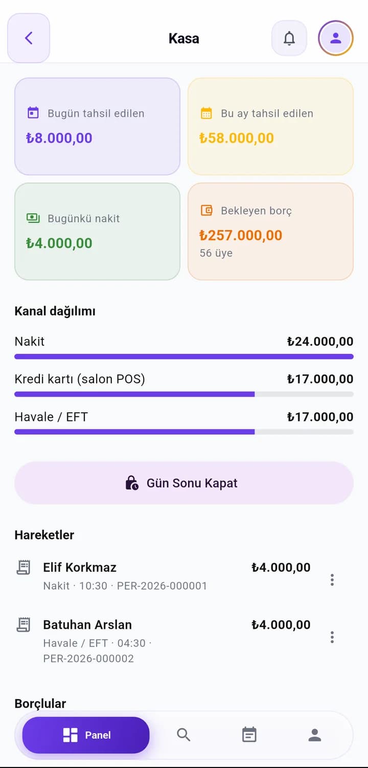 Gymora kasa ekranı: bugün tahsil edilen, bu ay tahsil edilen, kanal dağılımı ve hareketler