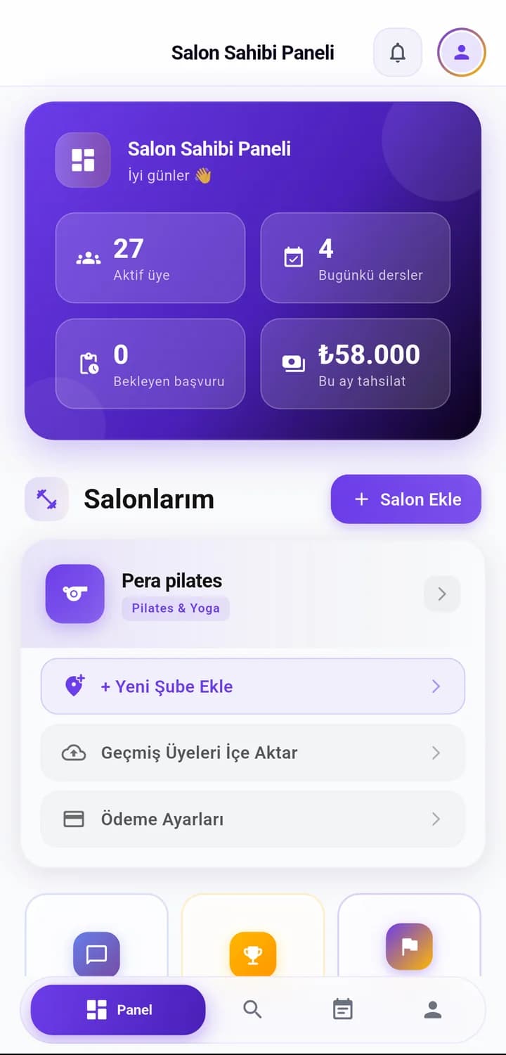 Gymora salon sahibi paneli: aktif üye, bugünkü dersler, bekleyen başvuru, bu ay tahsilat