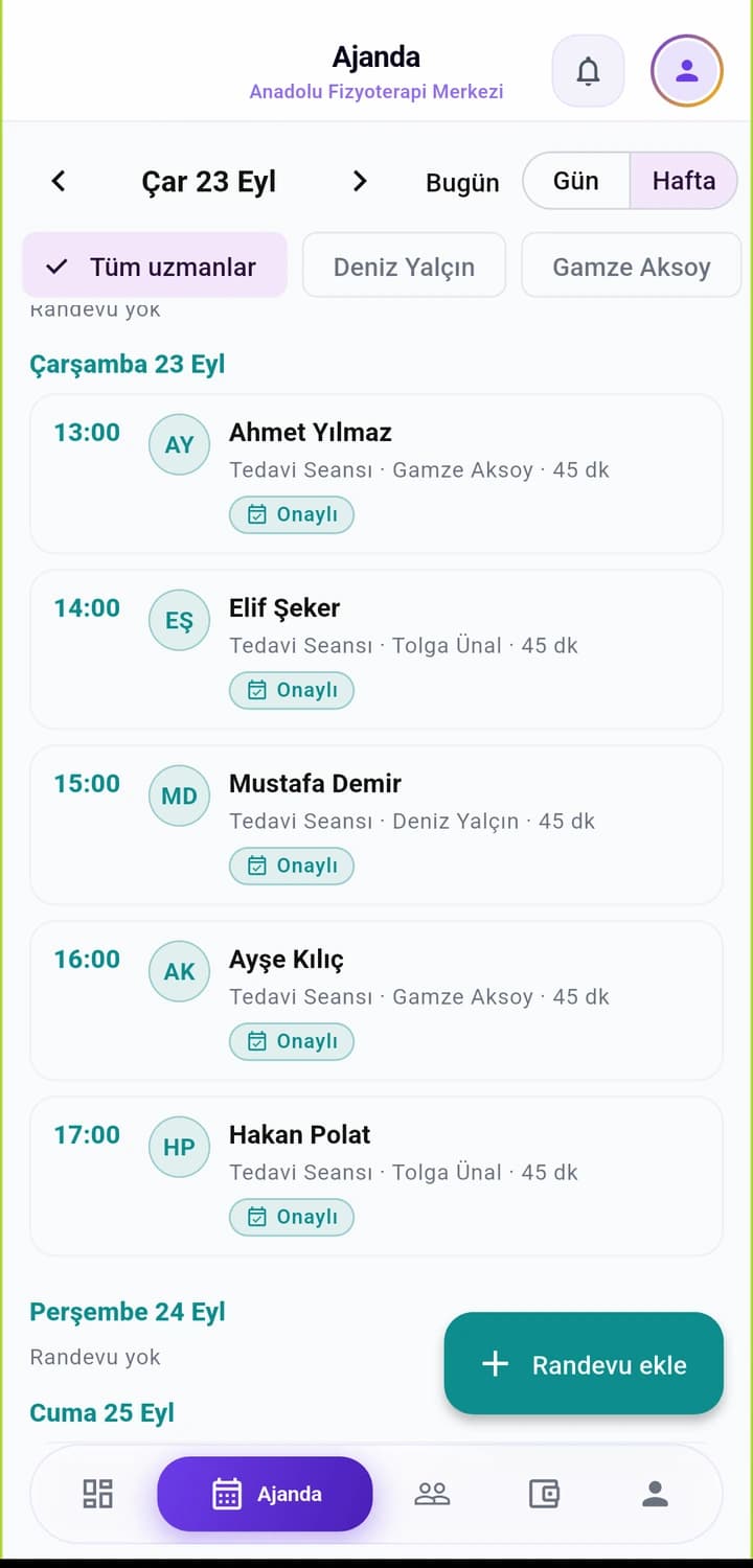 Gymora fizyoterapi merkezi ajandası: uzman uzman, gün gün randevular