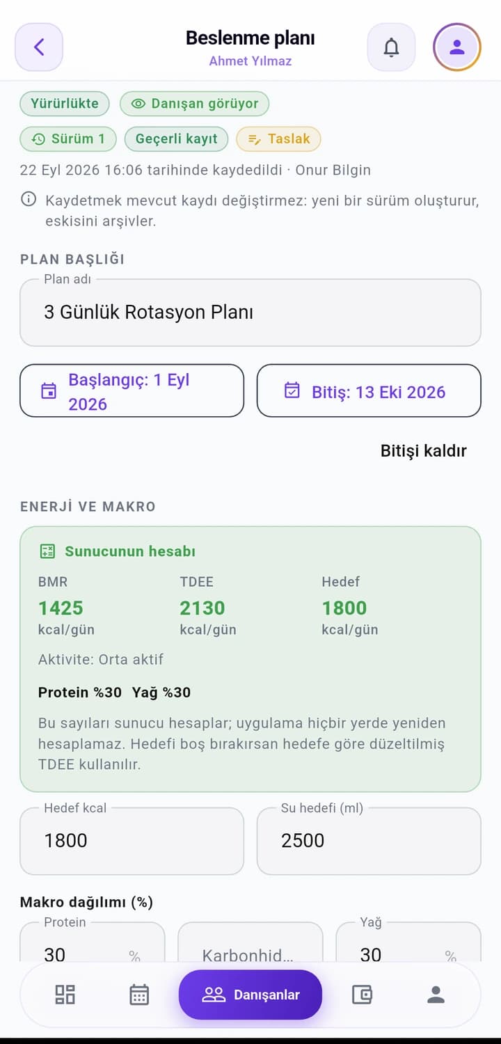 Gymora beslenme planı ekranı: BMR, TDEE, hedef kalori ve makro dağılımı