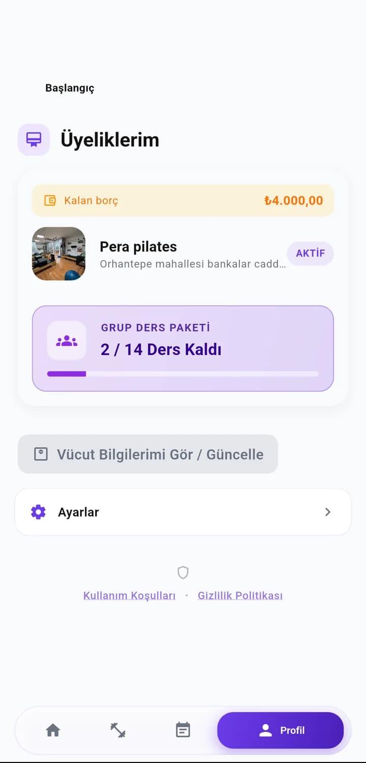 Gymora üye ekranı: grup ders paketi, 14 dersten 2 ders kaldı